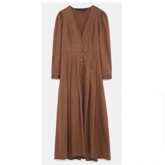 Zara Dresses & Skirts - Zara Brown A-Line Dress with V-Neck and Bishop Sleeves